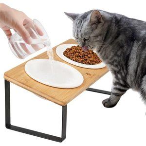 Ceramic Elevated Cat Bowls, Raised Puppy Dishes for Food and Water, Bamboo Stand